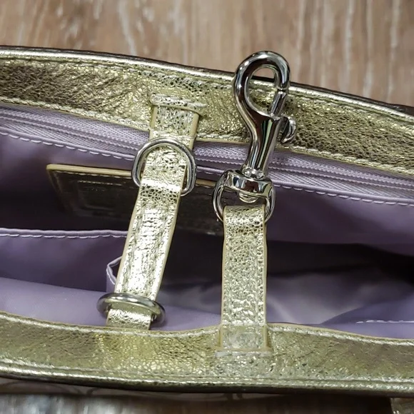 COACH Metallic Gold Plaid Monogram Logo Mini Handbag Luxury Formal Occassion - Picture 3 of 11